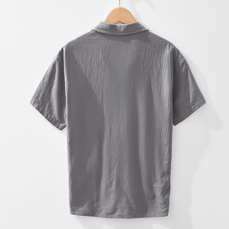 Camicia da uomo in lino e cotone a maniche corte, con tasche, modello Buddha Stones, stile vintage, tinta unita e semplice - image 1