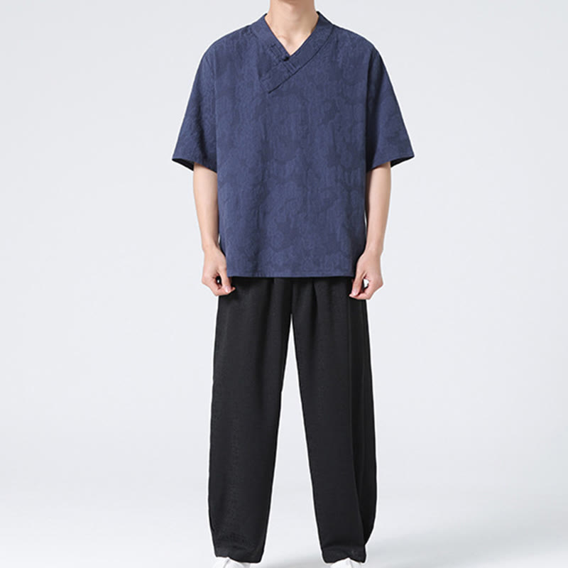 Camicia da uomo in lino e cotone a maniche corte, con colletto alto, in jacquard anticato, con bottoni a rana, etnica, con Buddha Stones , abbigliamento Tai Chi