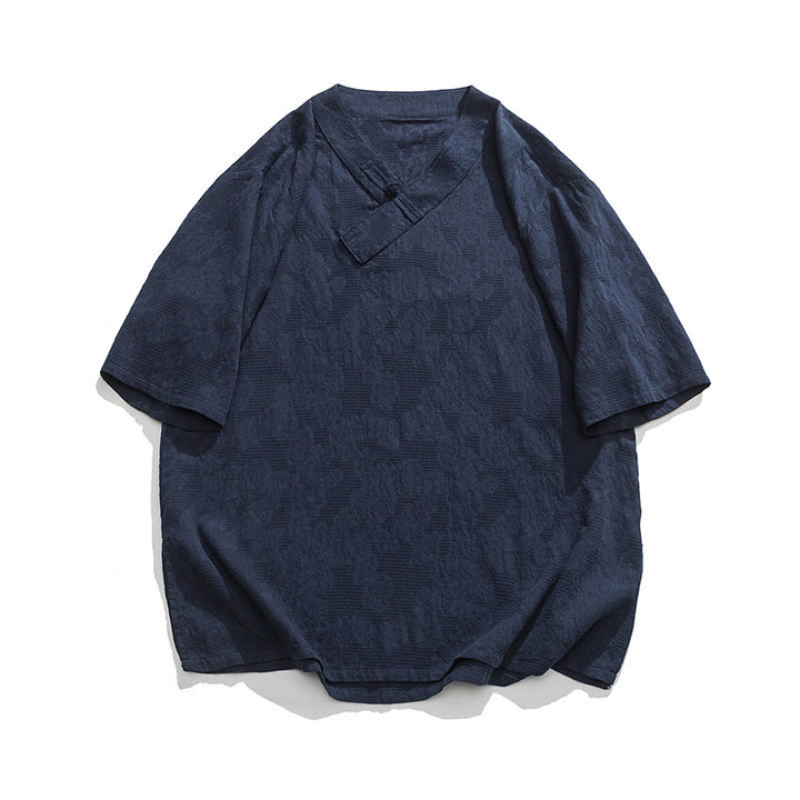 Camicia da uomo in lino e cotone a maniche corte, con colletto alto, in jacquard anticato, con bottoni a rana, etnica, con Buddha Stones , abbigliamento Tai Chi - DarkSlateBlue - US/UK/AU46, EU56 (5XL) - image 0