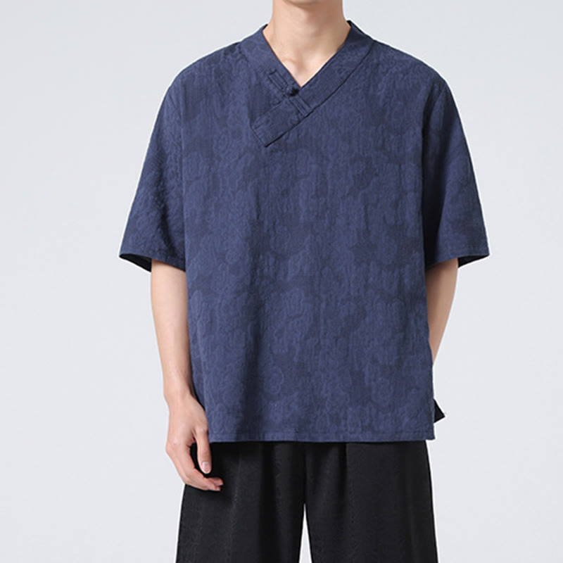 Camicia da uomo in lino e cotone a maniche corte, con colletto alto, in jacquard anticato, con bottoni a rana, etnica, con Buddha Stones , abbigliamento Tai Chi