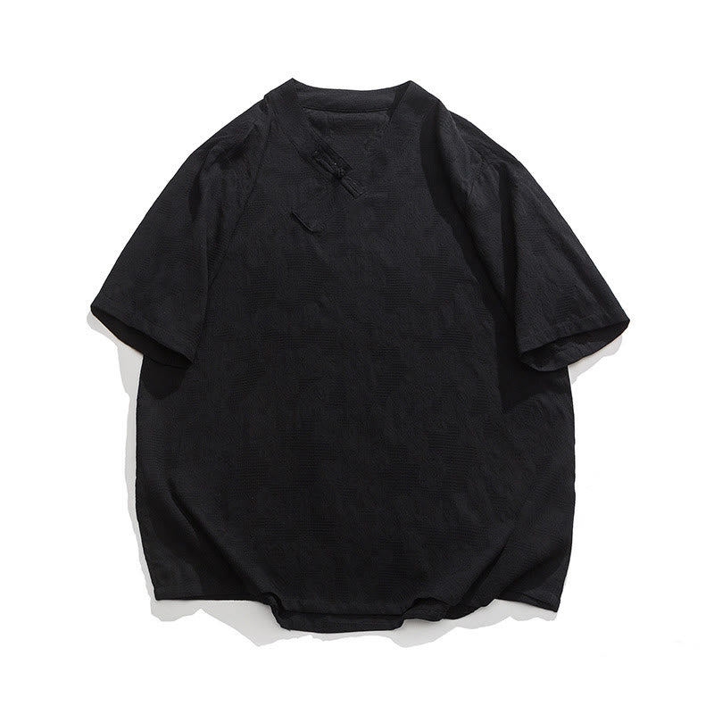 Camicia da uomo in lino e cotone a maniche corte, con colletto alto, in jacquard anticato, con bottoni a rana, etnica, con Buddha Stones , abbigliamento Tai Chi