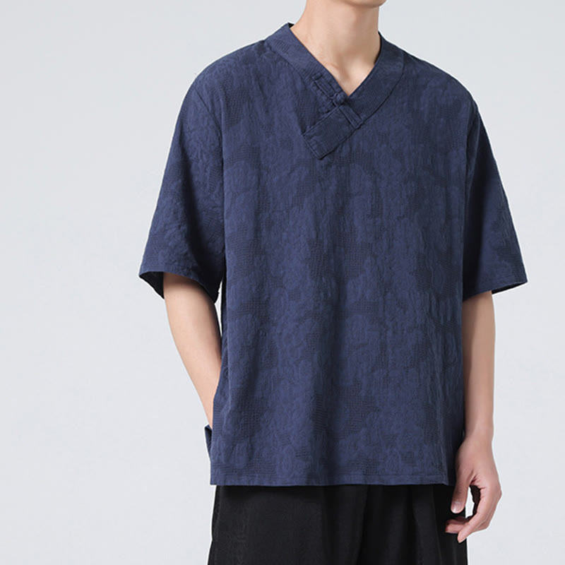 Camicia da uomo in lino e cotone a maniche corte, con colletto alto, in jacquard anticato, con bottoni a rana, etnica, con Buddha Stones , abbigliamento Tai Chi