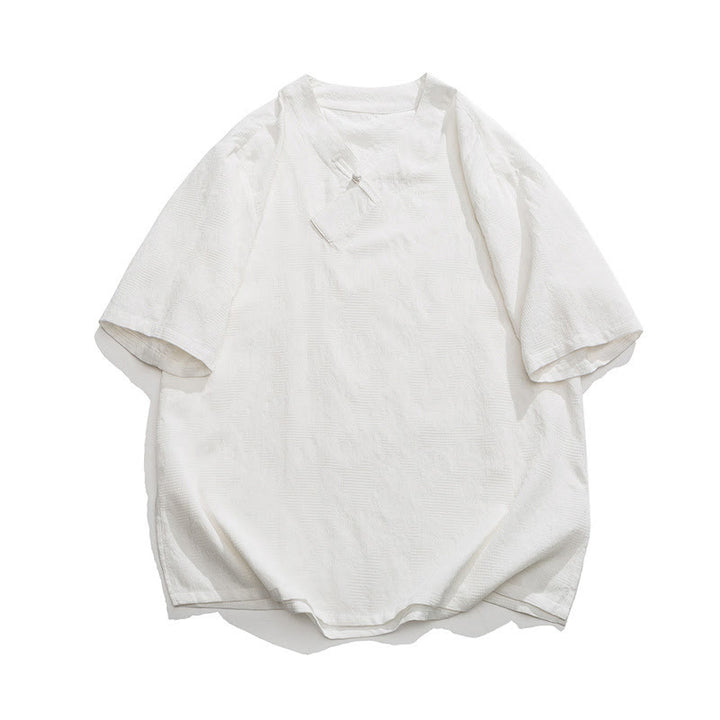 Camicia da uomo in lino e cotone a maniche corte, con colletto alto, in jacquard anticato, con bottoni a rana, etnica, con Buddha Stones , abbigliamento Tai Chi
