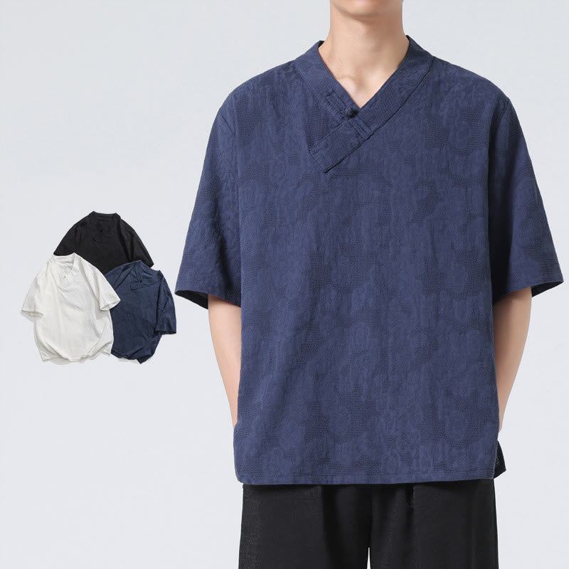 Camicia da uomo in lino e cotone a maniche corte, con colletto alto, in jacquard anticato, con bottoni a rana, etnica, con Buddha Stones , abbigliamento Tai Chi