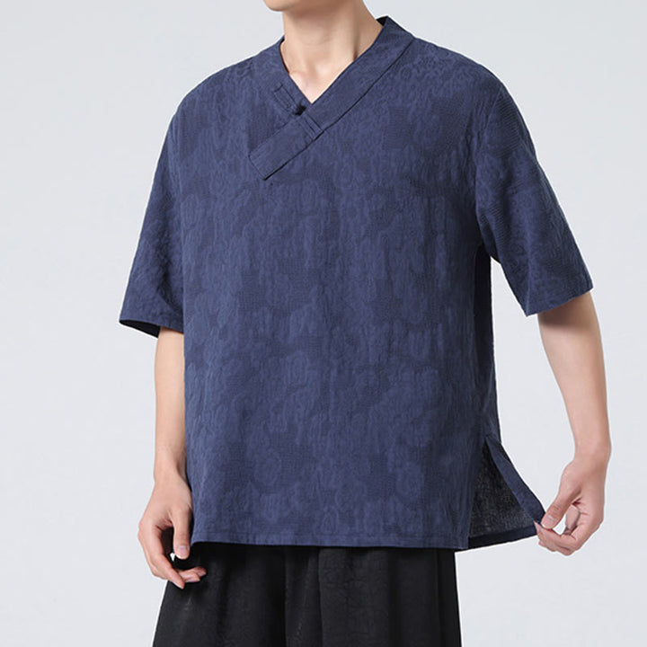 Camicia da uomo in lino e cotone a maniche corte, con colletto alto, in jacquard anticato, con bottoni a rana, etnica, con Buddha Stones , abbigliamento Tai Chi
