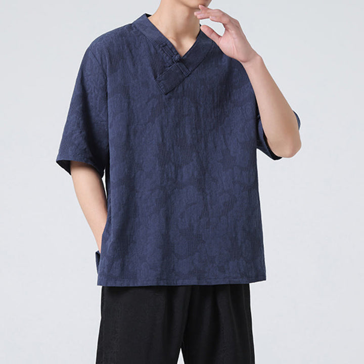 Camicia da uomo in lino e cotone a maniche corte, con colletto alto, in jacquard anticato, con bottoni a rana, etnica, con Buddha Stones , abbigliamento Tai Chi