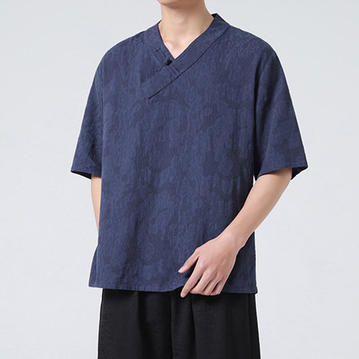 Camicia da uomo in lino e cotone a maniche corte, con colletto alto, in jacquard anticato, con bottoni a rana, etnica, con Buddha Stones , abbigliamento Tai Chi