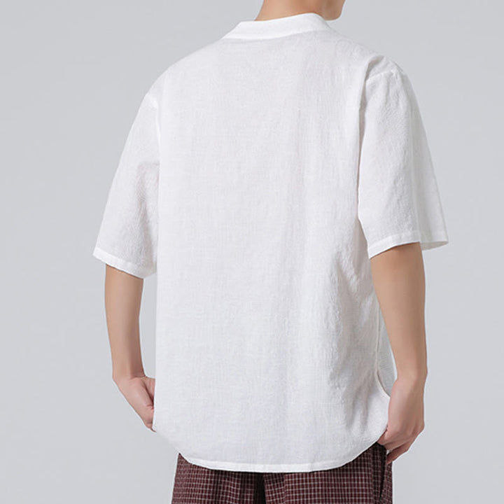 Camicia da uomo in lino e cotone a maniche corte, con colletto alto, in jacquard anticato, con bottoni a rana, etnica, con Buddha Stones , abbigliamento Tai Chi