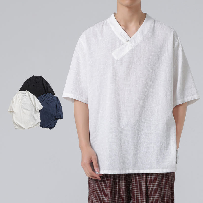 Camicia da uomo in lino e cotone a maniche corte, con colletto alto, in jacquard anticato, con bottoni a rana, etnica, con Buddha Stones , abbigliamento Tai Chi