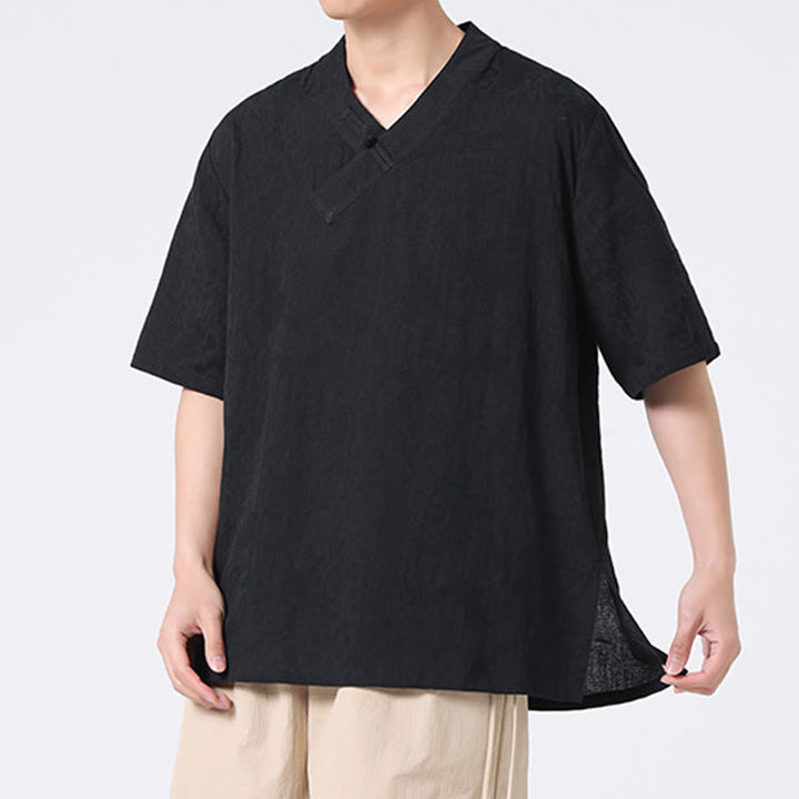 Camicia da uomo in lino e cotone a maniche corte, con colletto alto, in jacquard anticato, con bottoni a rana, etnica, con Buddha Stones , abbigliamento Tai Chi