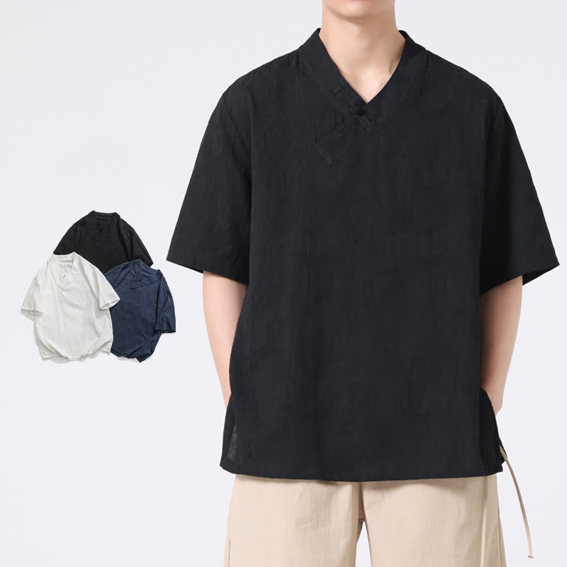 Camicia da uomo in lino e cotone a maniche corte, con colletto alto, in jacquard anticato, con bottoni a rana, etnica, con Buddha Stones , abbigliamento Tai Chi