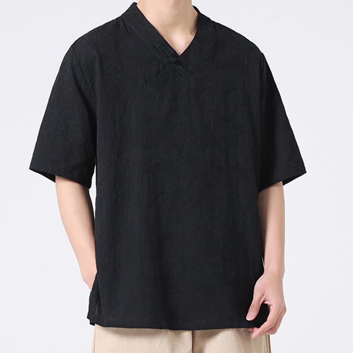 Camicia da uomo in lino e cotone a maniche corte, con colletto alto, in jacquard anticato, con bottoni a rana, etnica, con Buddha Stones , abbigliamento Tai Chi