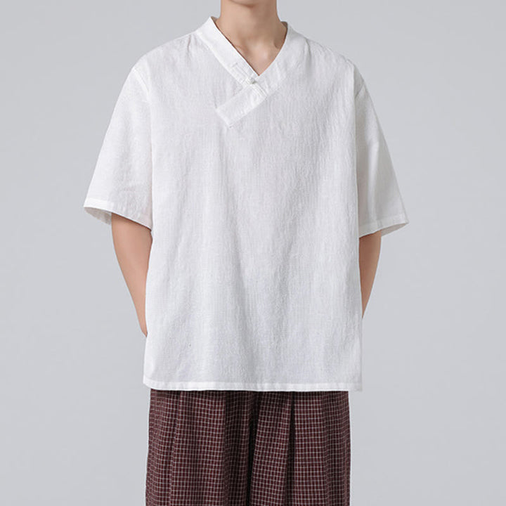 Camicia da uomo in lino e cotone a maniche corte, con colletto alto, in jacquard anticato, con bottoni a rana, etnica, con Buddha Stones , abbigliamento Tai Chi