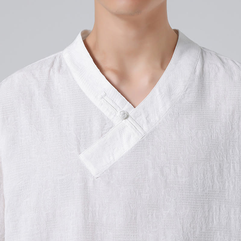 Camicia da uomo in lino e cotone a maniche corte, con colletto alto, in jacquard anticato, con bottoni a rana, etnica, con Buddha Stones , abbigliamento Tai Chi