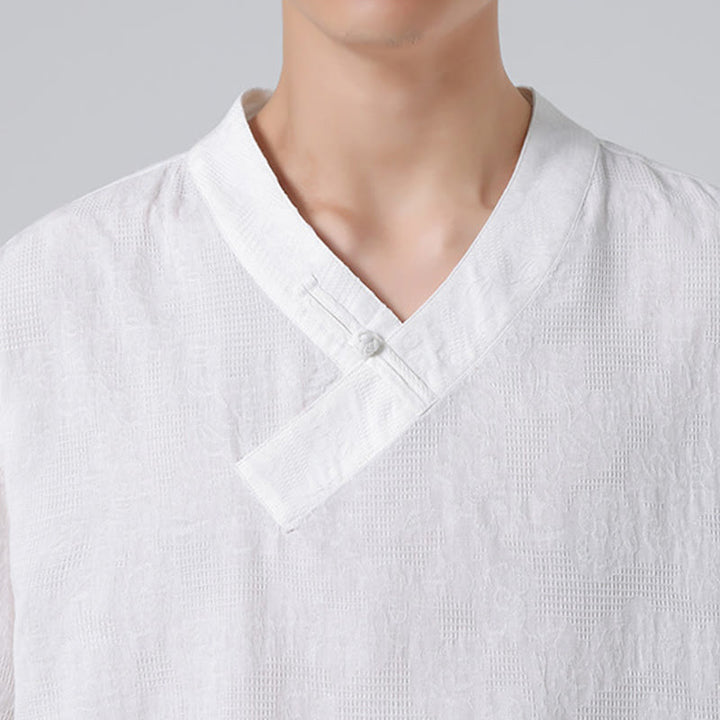 Camicia da uomo in lino e cotone a maniche corte, con colletto alto, in jacquard anticato, con bottoni a rana, etnica, con Buddha Stones , abbigliamento Tai Chi