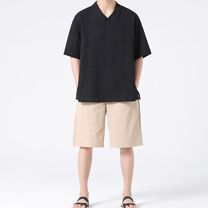 Camicia da uomo in lino e cotone a maniche corte, con colletto alto, in jacquard anticato, con bottoni a rana, etnica, con Buddha Stones , abbigliamento Tai Chi