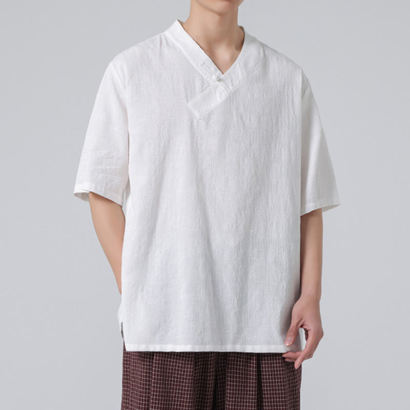 Camicia da uomo in lino e cotone a maniche corte, con colletto alto, in jacquard anticato, con bottoni a rana, etnica, con Buddha Stones , abbigliamento Tai Chi