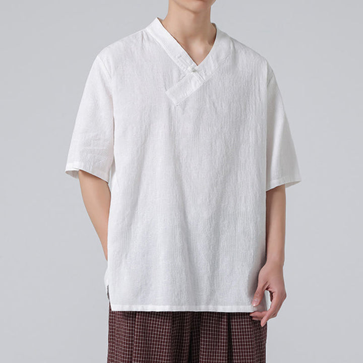 Camicia da uomo in lino e cotone a maniche corte, con colletto alto, in jacquard anticato, con bottoni a rana, etnica, con Buddha Stones , abbigliamento Tai Chi
