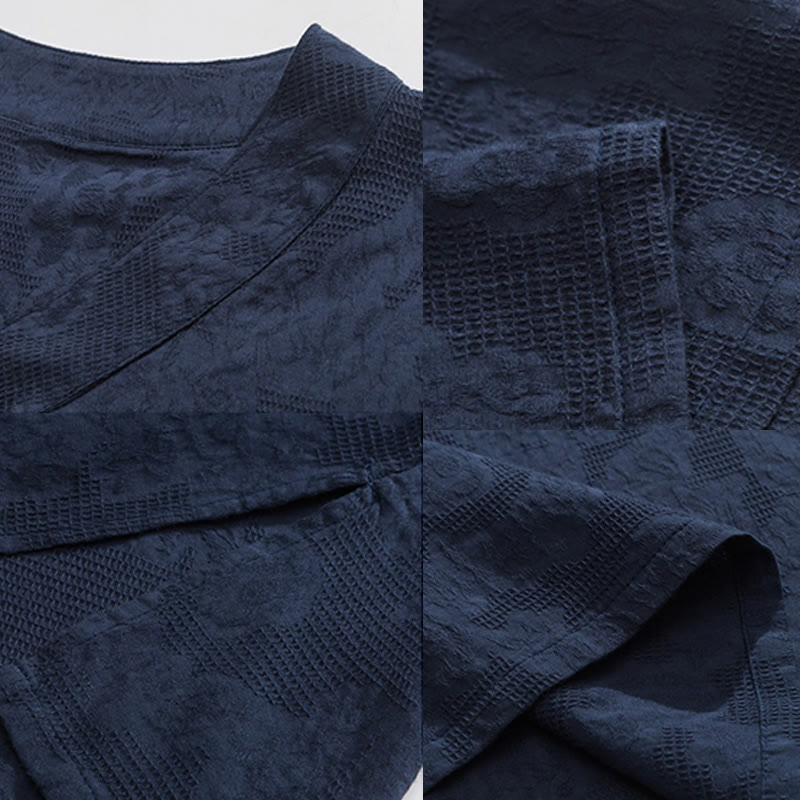 Camicia da uomo in lino e cotone a maniche corte, con colletto alto, in jacquard anticato, con bottoni a rana, etnica, con Buddha Stones , abbigliamento Tai Chi