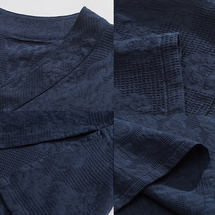 Camicia da uomo in lino e cotone a maniche corte, con colletto alto, in jacquard anticato, con bottoni a rana, etnica, con Buddha Stones , abbigliamento Tai Chi