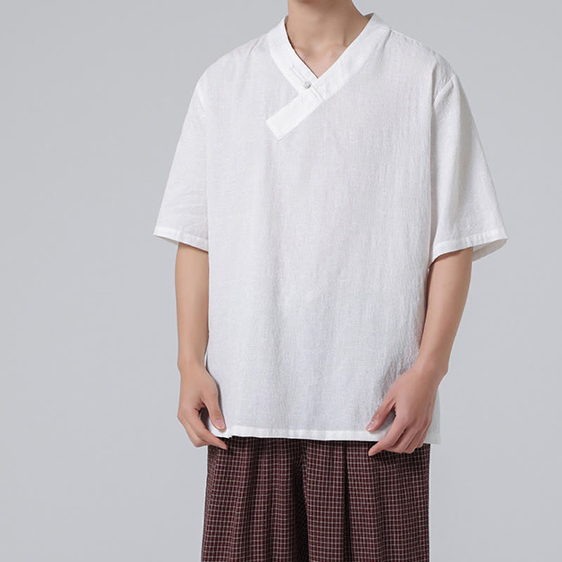 Camicia da uomo in lino e cotone a maniche corte, con colletto alto, in jacquard anticato, con bottoni a rana, etnica, con Buddha Stones , abbigliamento Tai Chi