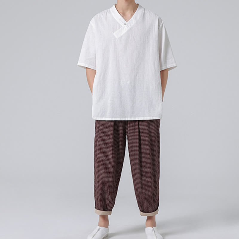 Camicia da uomo in lino e cotone a maniche corte, con colletto alto, in jacquard anticato, con bottoni a rana, etnica, con Buddha Stones , abbigliamento Tai Chi