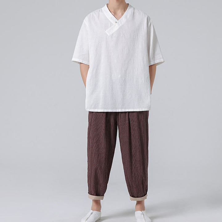 Camicia da uomo in lino e cotone a maniche corte, con colletto alto, in jacquard anticato, con bottoni a rana, etnica, con Buddha Stones , abbigliamento Tai Chi