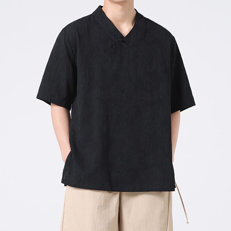 Camicia da uomo in lino e cotone a maniche corte, con colletto alto, in jacquard anticato, con bottoni a rana, etnica, con Buddha Stones , abbigliamento Tai Chi