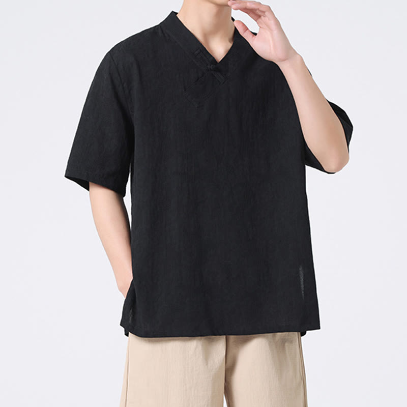 Camicia da uomo in lino e cotone a maniche corte, con colletto alto, in jacquard anticato, con bottoni a rana, etnica, con Buddha Stones , abbigliamento Tai Chi