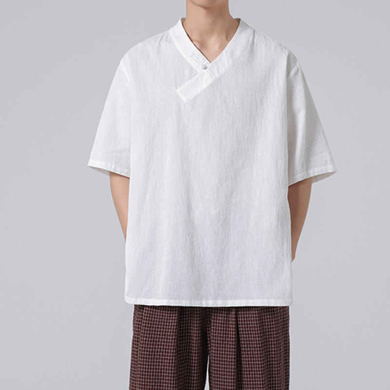 Camicia da uomo in lino e cotone a maniche corte, con colletto alto, in jacquard anticato, con bottoni a rana, etnica, con Buddha Stones , abbigliamento Tai Chi