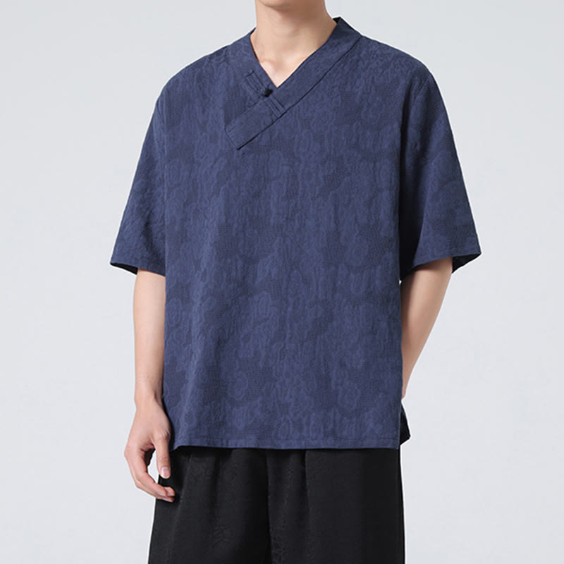 Camicia da uomo in lino e cotone a maniche corte, con colletto alto, in jacquard anticato, con bottoni a rana, etnica, con Buddha Stones , abbigliamento Tai Chi