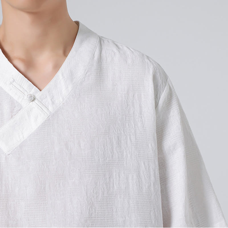 Camicia da uomo in lino e cotone a maniche corte, con colletto alto, in jacquard anticato, con bottoni a rana, etnica, con Buddha Stones , abbigliamento Tai Chi