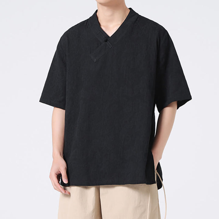 Camicia da uomo in lino e cotone a maniche corte, con colletto alto, in jacquard anticato, con bottoni a rana, etnica, con Buddha Stones , abbigliamento Tai Chi