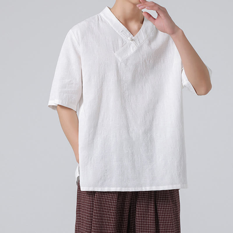 Camicia da uomo in lino e cotone a maniche corte, con colletto alto, in jacquard anticato, con bottoni a rana, etnica, con Buddha Stones , abbigliamento Tai Chi