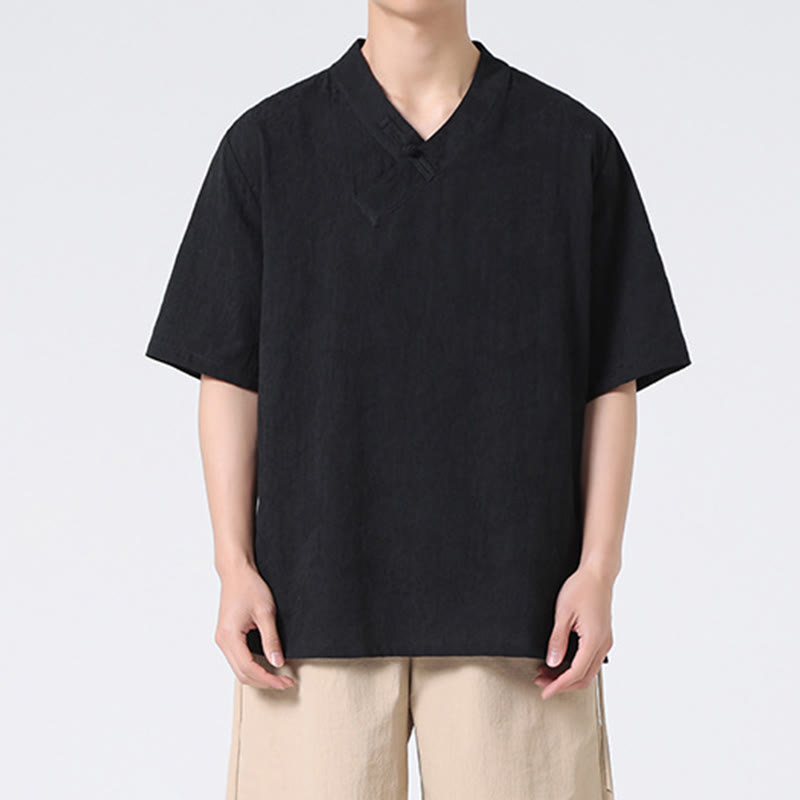 Camicia da uomo in lino e cotone a maniche corte, con colletto alto, in jacquard anticato, con bottoni a rana, etnica, con Buddha Stones , abbigliamento Tai Chi