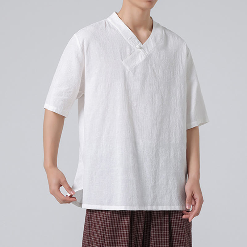 Camicia da uomo in lino e cotone a maniche corte, con colletto alto, in jacquard anticato, con bottoni a rana, etnica, con Buddha Stones , abbigliamento Tai Chi