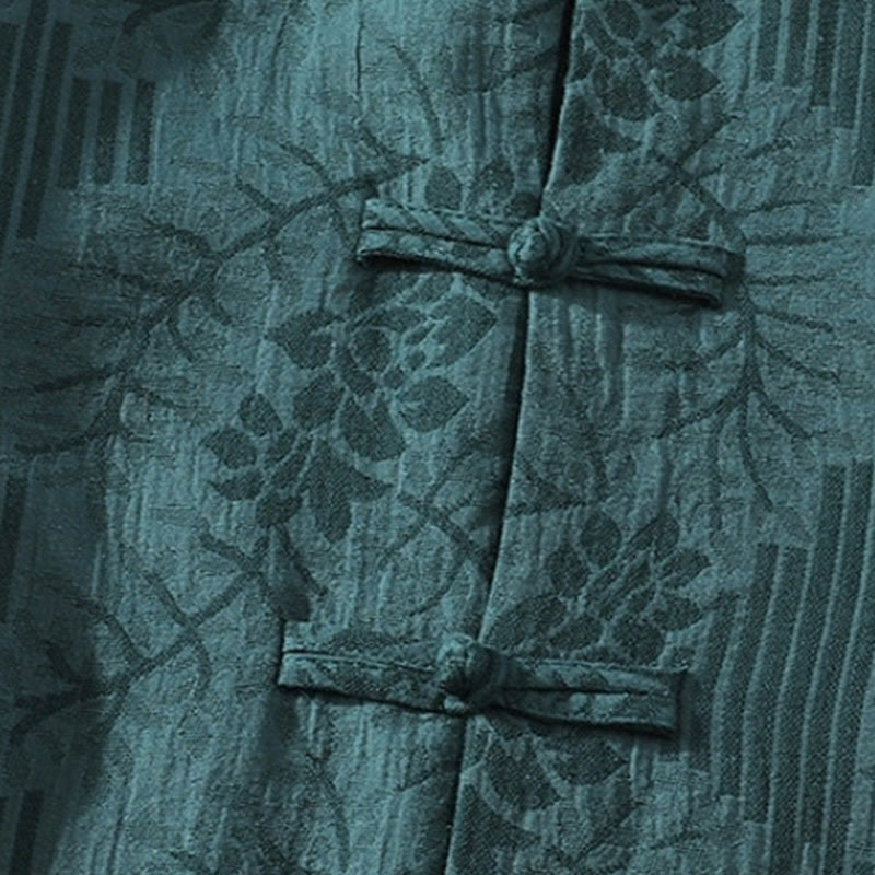 Camicia da uomo estiva casual in cotone a maniche corte con colletto alla coreana e motivo floreale jacquard Buddha Stones, chiusura con bottoni a rana e colore a contrasto. - image 2