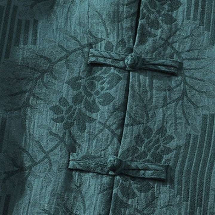 Camicia da uomo estiva casual in cotone a maniche corte con colletto alla coreana e motivo floreale jacquard Buddha Stones, chiusura con bottoni a rana e colore a contrasto. - image 2