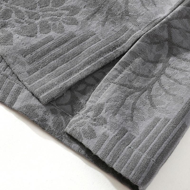 Camicia da uomo estiva casual in cotone a maniche corte con colletto alla coreana e motivo floreale jacquard Buddha Stones, chiusura con bottoni a rana e colore a contrasto. - image 7