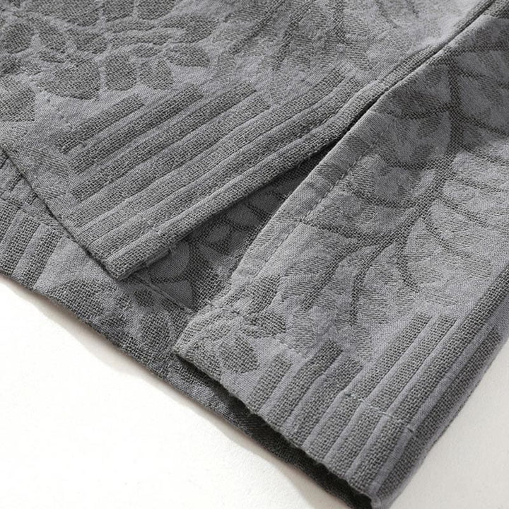 Camicia da uomo estiva casual in cotone a maniche corte con colletto alla coreana e motivo floreale jacquard Buddha Stones, chiusura con bottoni a rana e colore a contrasto. - image 7