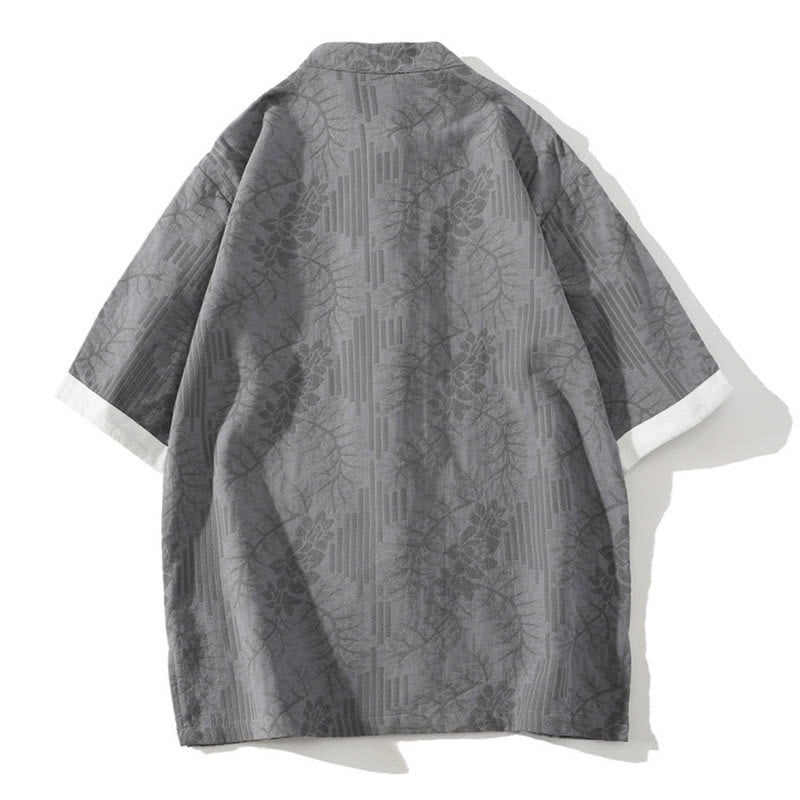 Camicia da uomo estiva casual in cotone a maniche corte con colletto alla coreana e motivo floreale jacquard Buddha Stones, chiusura con bottoni a rana e colore a contrasto. - image 6