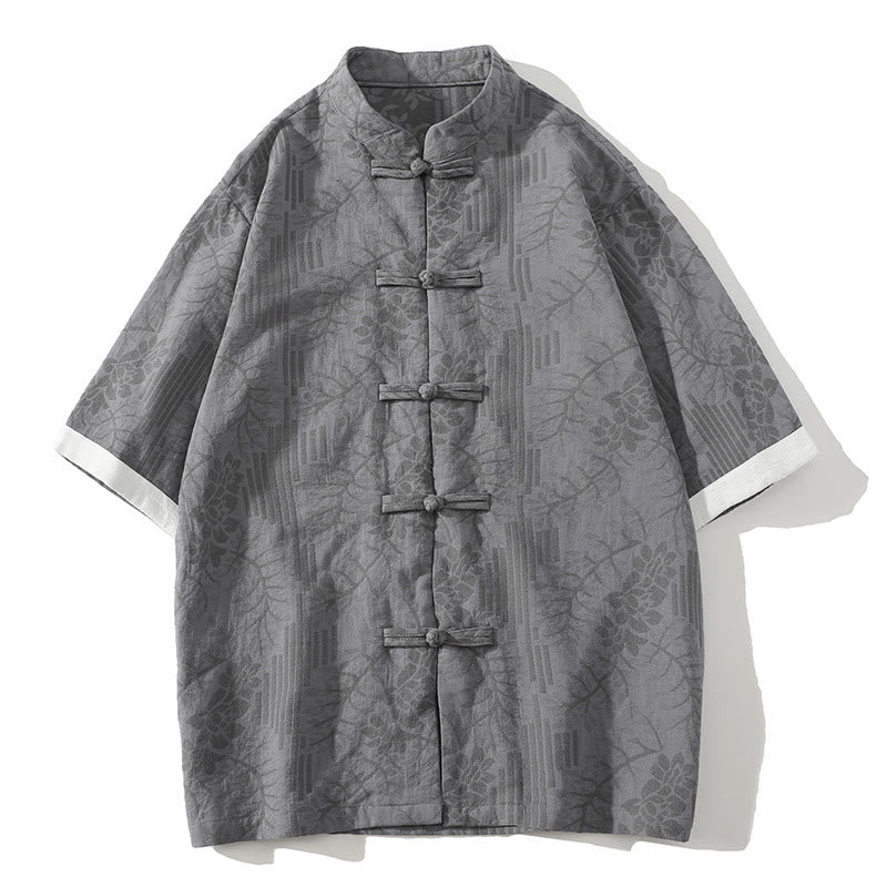Camicia da uomo estiva casual in cotone a maniche corte con colletto alla coreana e motivo floreale jacquard Buddha Stones, chiusura con bottoni a rana e colore a contrasto. - Grigio scuro - US/UK/AU46, EU56 (5XL) - image 5