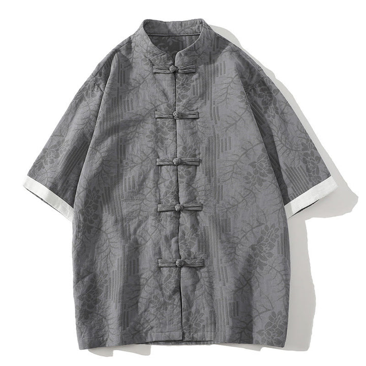 Camicia da uomo estiva casual in cotone a maniche corte con colletto alla coreana e motivo floreale jacquard Buddha Stones, chiusura con bottoni a rana e colore a contrasto. - Grigio scuro - US/UK/AU46, EU56 (5XL) - image 5