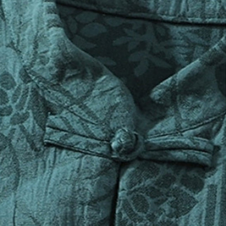 Camicia da uomo estiva casual in cotone a maniche corte con colletto alla coreana e motivo floreale jacquard Buddha Stones, chiusura con bottoni a rana e colore a contrasto. - image 3