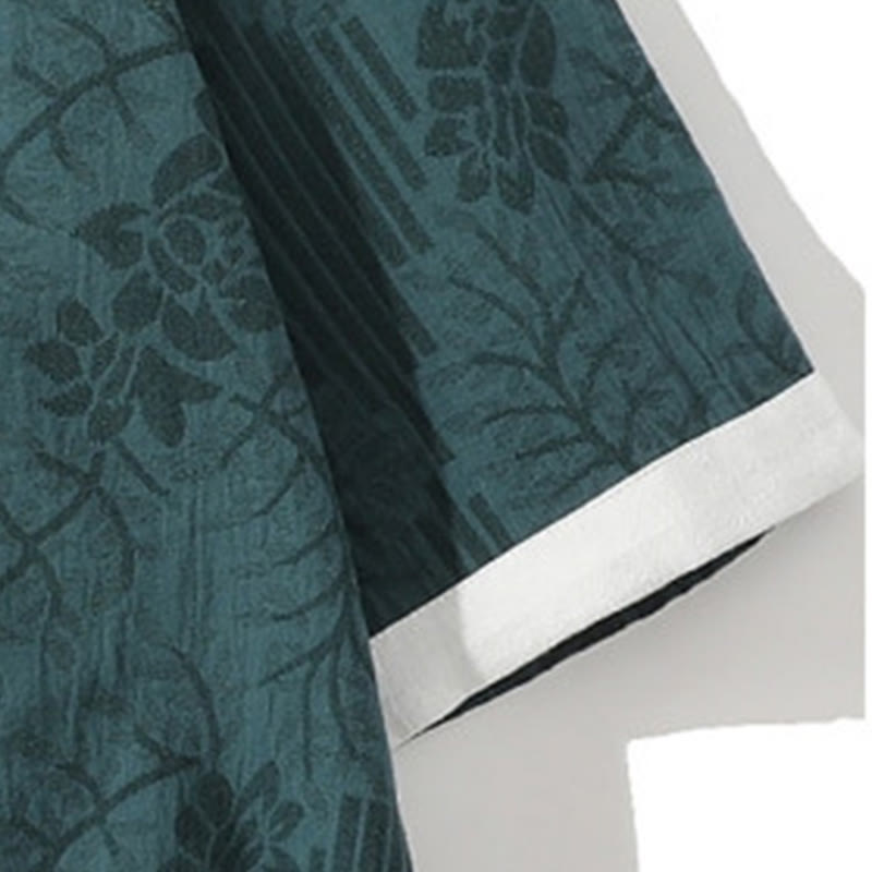 Camicia da uomo estiva casual in cotone a maniche corte con colletto alla coreana e motivo floreale jacquard Buddha Stones, chiusura con bottoni a rana e colore a contrasto. - image 4