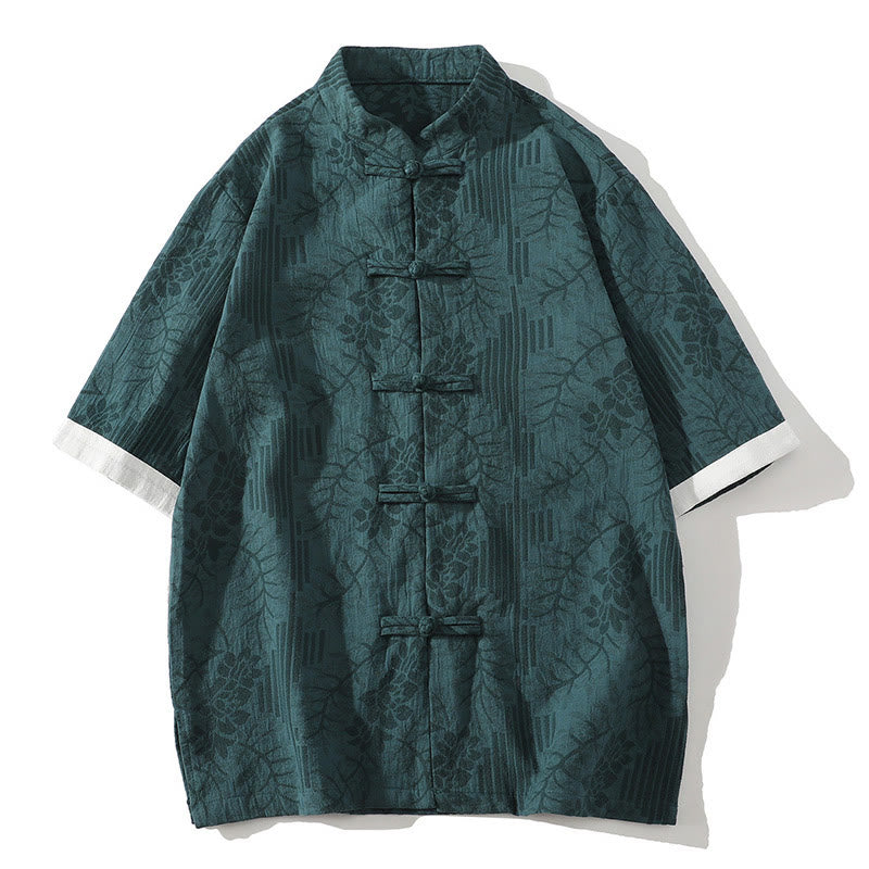 Camicia da uomo estiva casual in cotone a maniche corte con colletto alla coreana e motivo floreale jacquard Buddha Stones, chiusura con bottoni a rana e colore a contrasto. - Verde acqua - US/UK/AU46, EU56 (5XL) - image 0