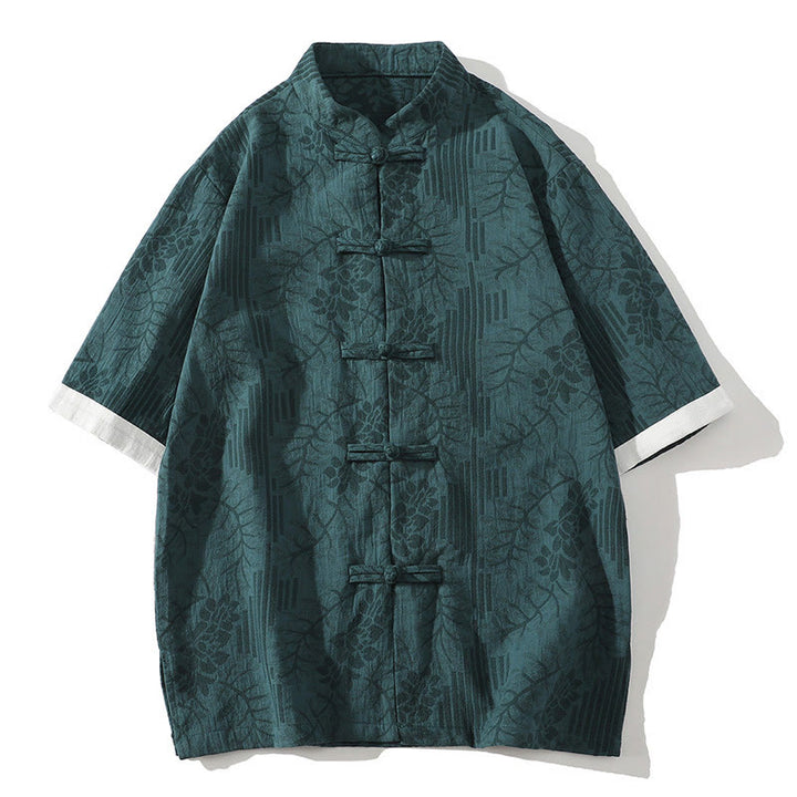 Camicia da uomo estiva casual in cotone a maniche corte con colletto alla coreana e motivo floreale jacquard Buddha Stones, chiusura con bottoni a rana e colore a contrasto. - Verde acqua - US/UK/AU46, EU56 (5XL) - image 0