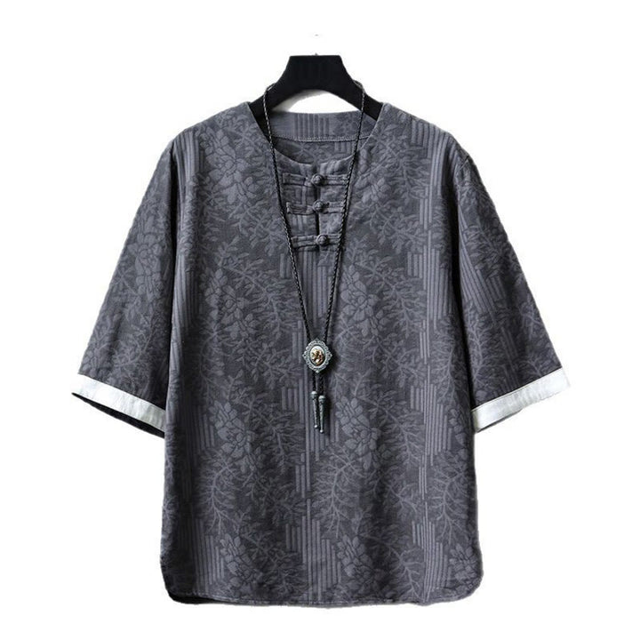 Camicia da uomo in cotone a mezza manica, con scollo a giro, in stile casual retrò, con bottoni cinesi e motivo a rana, motivo Buddha Stones