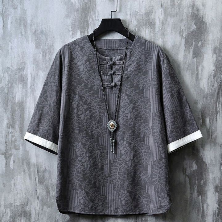 Camicia da uomo in cotone a mezza manica, con scollo a giro, in stile casual retrò, con bottoni cinesi e motivo a rana, motivo Buddha Stones