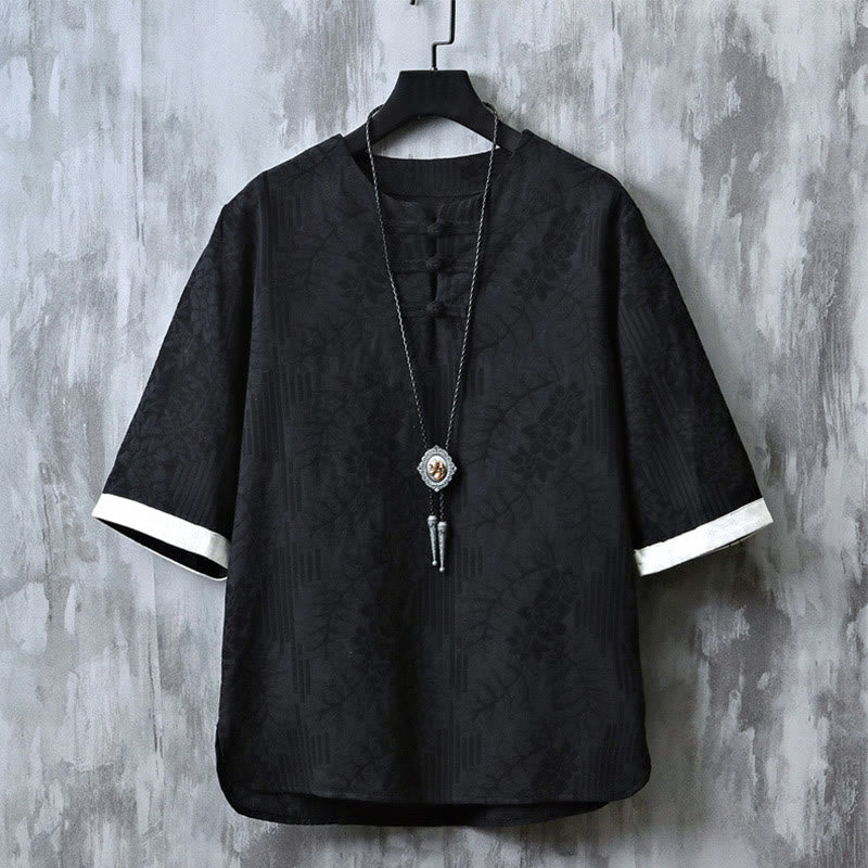 Camicia da uomo in cotone a mezza manica, con scollo a giro, in stile casual retrò, con bottoni cinesi e motivo a rana, motivo Buddha Stones